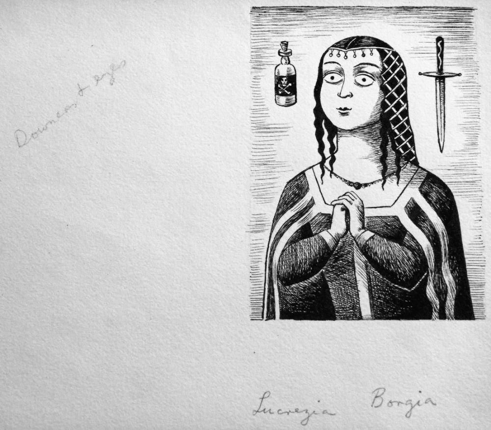 Item #11078 Lucreia Borgia, original pen and ink caracature, from THE DECLINE AND FALL OF...