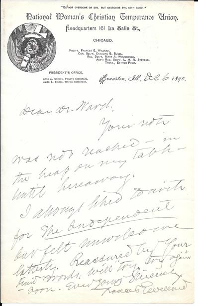 Autograph Letter Signed to Dr. Ward. Frances Willard