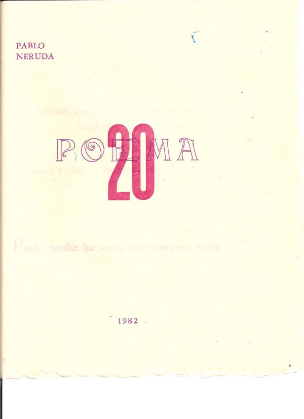 Item #9718 Poema 20. Pablo Ediciones Dos Amigos. Neruda